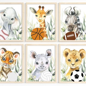 Animal sports nursery prints, Boy nursery art, Safari animal nursery decor, Sports room decor, Boy sports wall art, Set of 6, Printable