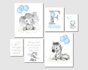 Nursery Decor Boy, Elephant Nursery Art, Jungle Animals Nursery Art, Blue, Gray, Personalized, Baby of Mine, Set of 6,Prints or Canvas