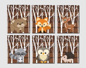 Woodland Animals Nursery Decor, Forest Animals Wall Art, Kids Wall Art, Fox, Deer, Raccoon, Hedgehog, Owl, Set of 6, Prints or Canvas