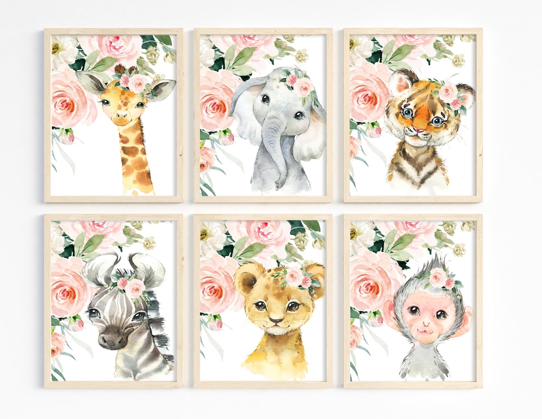 Baby Girl Safari Nursery Decor, Safari Nursery Prints, Girl Safari