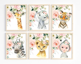 Safari Animals Prints, Girl Bedroom Decor, BOHO Nursery Art, Flower and Animal Prints, Baby Animals Nursery Decor, Set of 6, Printable