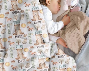 Boy Woodland Blanket, Personalized Baby Name Blanket, Woodland Animals Minky Blanket, Boy Name Blanket Birthday Gift, Custom Baby Swaddle