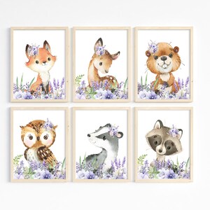 Girl Nursery Art, Woodland Animals, Girl Room Decor, Woodland Theme, Baby Forest Animal Prints, Purple Lavender Flower Wall Art, Printable