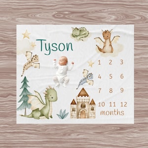 Dragon Milestone Blanket Personalized, Baby Boy Dragon Blanket, Custom Baby Shower Gift, Baby Monthly Growth Tracker, Dragon Nursery Boy