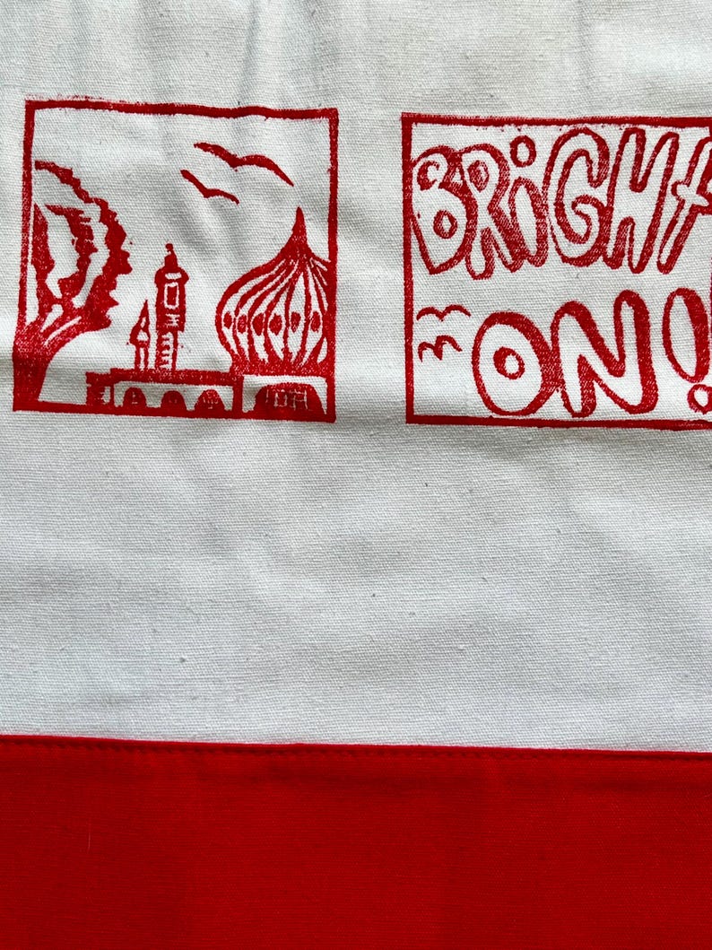 Brighton Beach bag- spacious white/red cotton bag, hand-printed on both sides, vibrant, colourful with long handles image 3