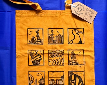 Brighton Tote bag, orange - colourful cotton bag with long handles, hand-printed with Brighton motifs on one side