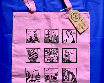 Brighton large Tote bag - spacious rose-pink cotton bag, hand-printed on one side, colourful with long handles