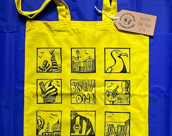 Brighton Tote bag, yellow - colourful cotton bag with long handles, hand-printed with Brighton motifs on one side