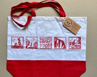 Brighton Beach bag- spacious white/red cotton bag, hand-printed on both sides, vibrant, colourful with long handles