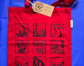 Brighton Tote bag, red - colourful cotton bag with long handles, hand-printed with Brighton motifs on one side