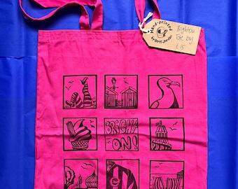 Brighton Tote bag, pink - colourful cotton bag with long handles, hand-printed with Brighton motifs on one side