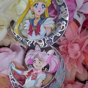 Sailor super moon and super chibimoon crescent moon stained glass pins