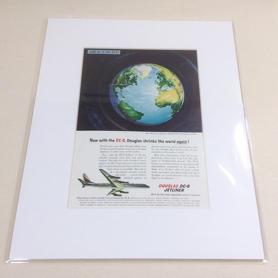 1958 DC-8 âShrinks the World Againâ Aviation Ad, Matted and ready to frame