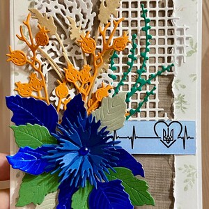 Biglietto di auguri ucraino fatto a mano – Fiordaliso blu e rami dorati – Confezione regalo di lusso – Biglietto floreale 3D unico
