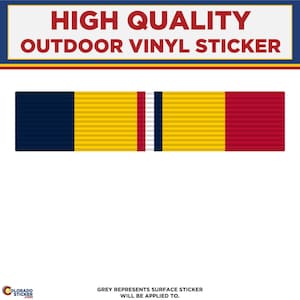 May include: High-quality outdoor vinyl sticker featuring a ribbon design. The ribbon has sections of navy blue, yellow, red, white, and a thin navy blue stripe. The text "HIGH QUALITY OUTDOOR VINYL STICKER" is at the top.