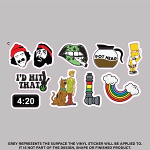 May include: A collection of vinyl stickers featuring various pop culture characters, a coffee pot labeled POT HEAD, a rainbow, a pipe, and text including I'D HIT THAT and 4:20. The designs are colorful and include illustrations of cartoon figures.