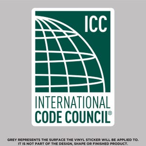 May include: A green square sticker with a white globe and the text "ICC INTERNATIONAL CODE COUNCIL" in white.