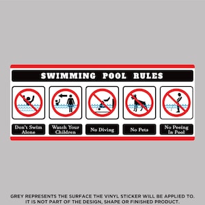 May include: A black and white sign with red borders that reads "Swimming Pool Rules". The sign has five red circles with a diagonal line through them. Each circle has a black and white icon depicting a rule. The rules are: Don't Swim Alone, Watch Your Children, No Diving, No Pets, and No Peeing In Pool.