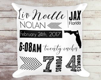 Custom Baby Girl Birth Announcement Pillow, Baby Gift, Nursery Decor, Baby Shower Gift, Baby Girl