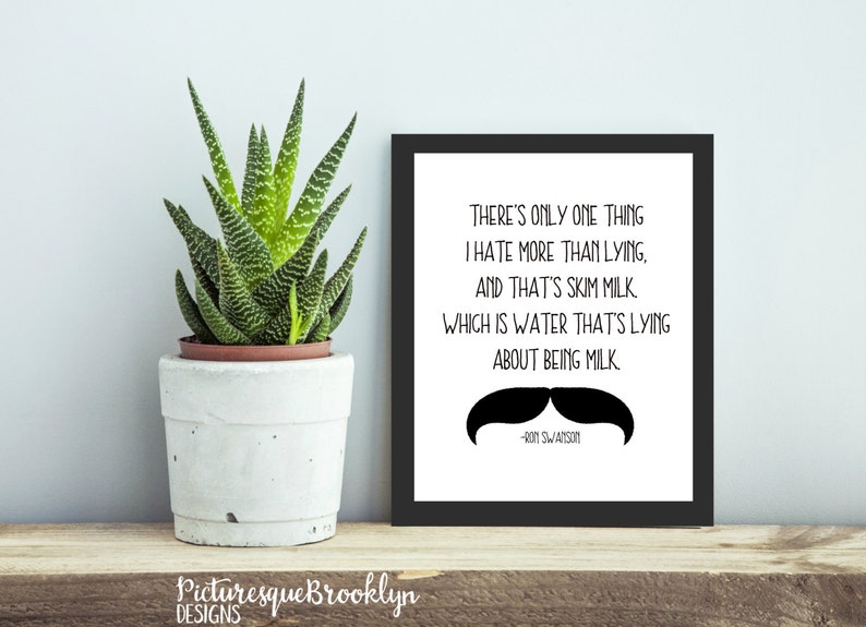 May include: A framed print with a black border featuring a quote about skim milk and a mustache graphic. A potted succulent plant sits to the left. The text reads "THERE'S ONLY ONE THING I HATE MORE THAN LYING, AND THAT'S SKIM MILK..."