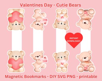 Valentine's Bear Magnetic Bookmarks: Kawaii Cricut PNG (Digital Download)