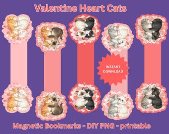 Valentine's Day Cat Hug Magnetic Bookmarks: Kawaii PNG (Digital Download)