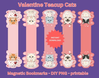 Valentine's Day Teacup Cat Magnetic Bookmarks: Kawaii Pink Hearts (Digital PNG Download)