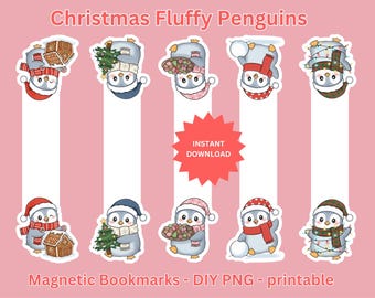 Fluffy Christmas Penguin Bookmarks: Kawaii Festive Holiday Designs (Digital Download PNG)