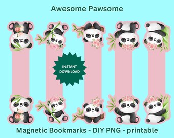 Sweet Cuddly Panda - printable magnetic bookmarks - DIY PNG Digital Download - booklovers, Cricut projects, Panda lovers, kawaii pets