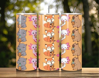 Animal Boba Tea 20oz Tumbler Wrap – Hippo, Fox, Axolotl (Digital Download)