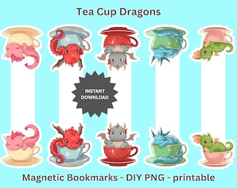 Tea Cup Dragon Magnetic Bookmarks: Fantasy Book Lover Gift (PNG Digital Download)