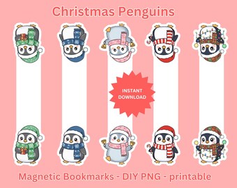 Christmas Penguin Bookmarks: Kawaii Festive Santa Hat Designs (Digital Download PNG)