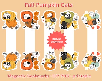 Fall Cat Bookmarks: Kawaii Pumpkin Designs (Digital Download PNG)