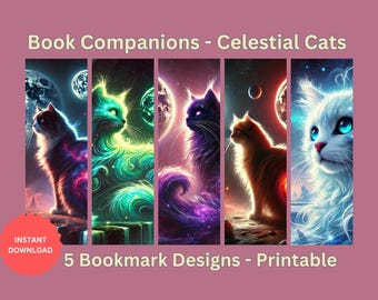 Celestial Cat Bookmarks: Galaxy Theme, Set of 5 (Digital Download)