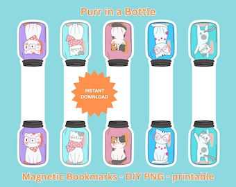 Cat in a Bottle Magnetic Bookmarks: Whimsical Purr-fect DIY (PNG Digital Download)