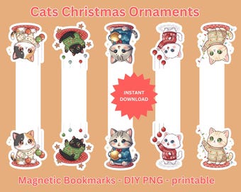 Christmas Cat Bookmarks: Kawaii Cat Playful Ornaments, Baubles in Sweater Designs  (Digital Download PNG)