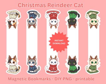 Christmas Reindeer Cat Bookmarks: Kawaii Neko Hat Designs (Digital Download PNG)