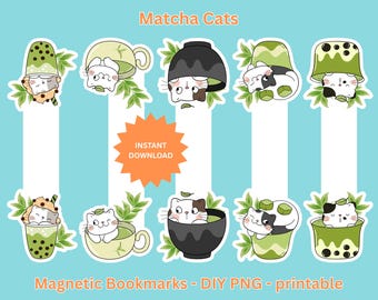 Printable Magnetic Cat Bookmarks: Kawaii Matcha Tea Designs (Digital Download