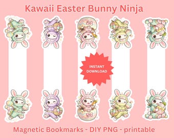 Kawaii Easter Bunny Ninja Magnetic Bookmarks + FREE Bonus Stickers | Printable Stationery (Digital Download)