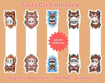 Christmas Santa Cat Bookmarks: Kawaii Kitty on Throne Designs (Digital Download PNG)