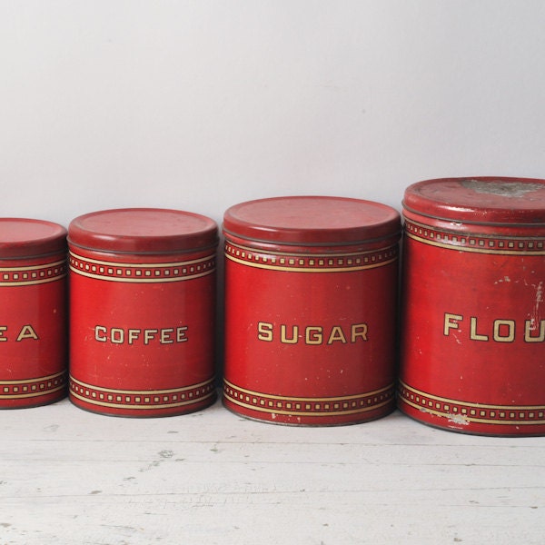 Vintage Red Canister Set - 1930's Metal Set - Flour Coffee Tea Sugar