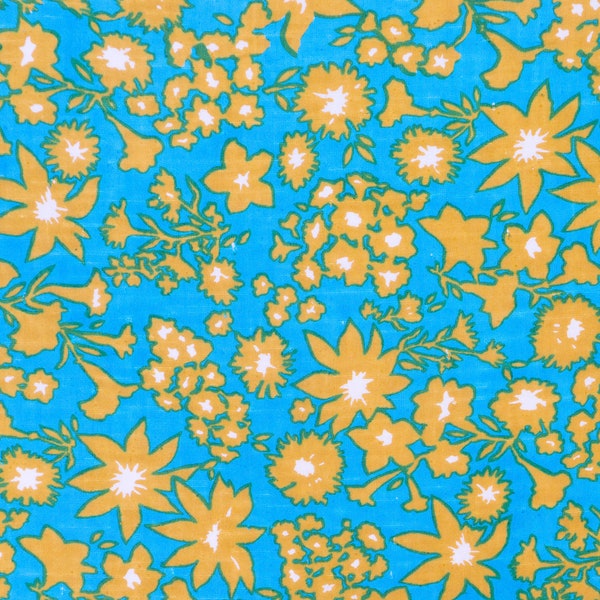 Vintage 1960s Blue Floral Cotton Fabric, 60s Medium Weight Nubby Cotton Fabric, Blue & Ochre Floral Print Cotton, 59" x 45" W