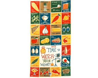 It's Time To Watch Your Weight Linen Dish Towel, Mid Century Towel, NOS 50s Linen Dish Towel, Calorie Counter, Signed Carl Tait, 29" x 16"
