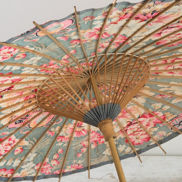 Antique Japanese Parasol: 1920s Wagasa Parasol Floral Cloth Bamboo Shaft and Ribs, Rare Collectible