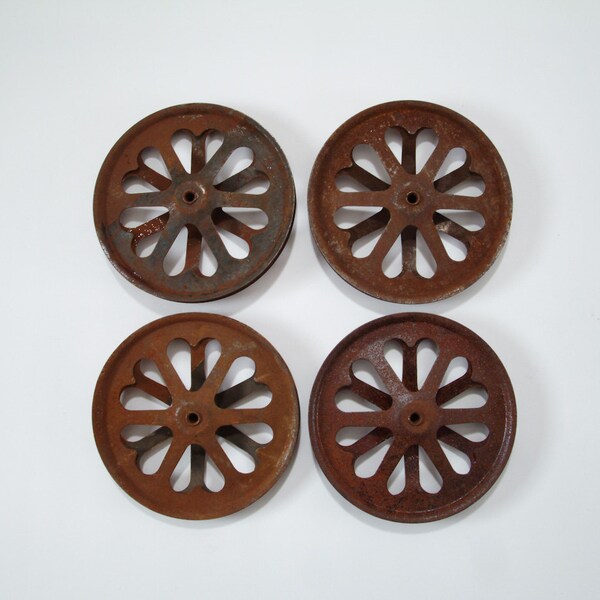 Vintage Rusty Metal Pulley Wheels with Heart Cutouts - One Wheel