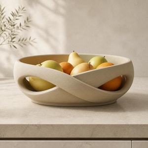 Op de afbeelding: Een beige, ronde fruitschaal met een gestructureerd, verweven, lintachtig ontwerp. De schaal is gevuld met diverse verse vruchten, waaronder gele appels, een peer en sinaasappels, die in de open, gebogen structuur van de schaal rusten.