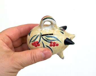 Vintage Mexican folk art pig ornament, piggy bank rattle. Hand made, hand painted ceramic, Christmas decor, rustic, tan, blue, red, purple