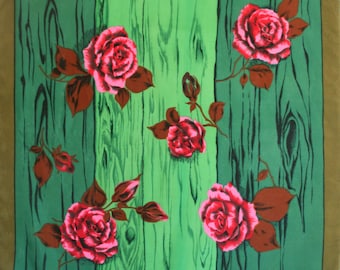 Mid Century Blumenschal. Gänseblümchen, große Blüten, übergroßes Muster, ausdrucksstark, rosa, braun, olivgrün, rosa, gelb, handgerollter Schal