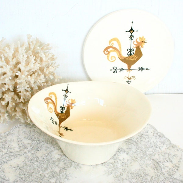 Mid century modern Knowles Weathervane serving bowl and trivet. Rooster, retro, ochre, mustard yellow, small serving bowl, retro trivet