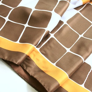 Retro color block scarf. Mod, oblong, geometric, squares, checkered, fall colors, 1970s, brown, yellow, white, acetate